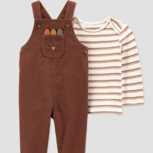 NWT Carter’s Baby Boy Thanksgiving Outfit 12M Brown Overalls & Stripe Shirt Fall